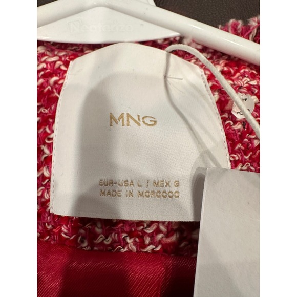 MNG Mango Womens Red White Zip Up Tweed Jacket Raw Fringe Trim Size L - Picture 5 of 11